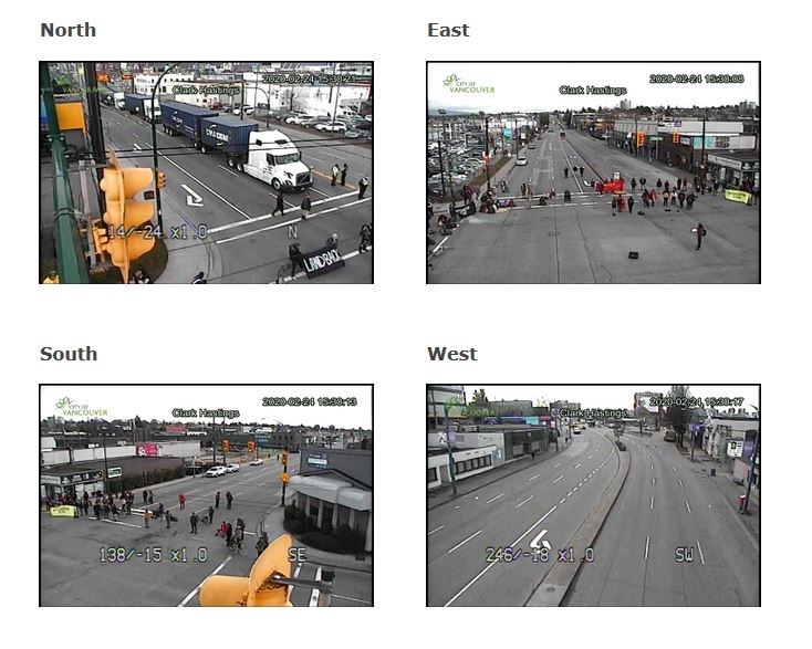 Camera views of the intersection of Clark and Hastings where protesters have blocked traffic. Scree