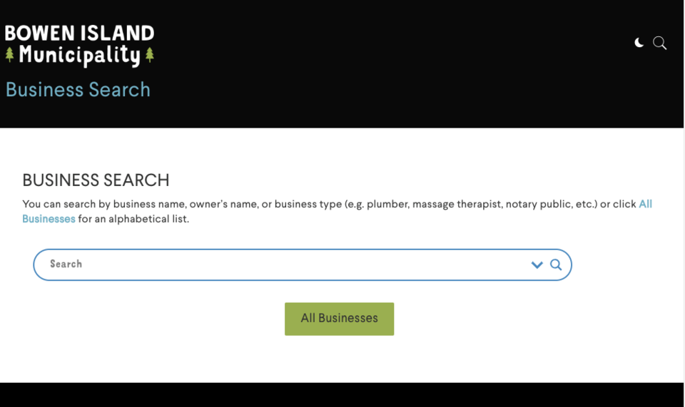 Screenshot of the BIM business search