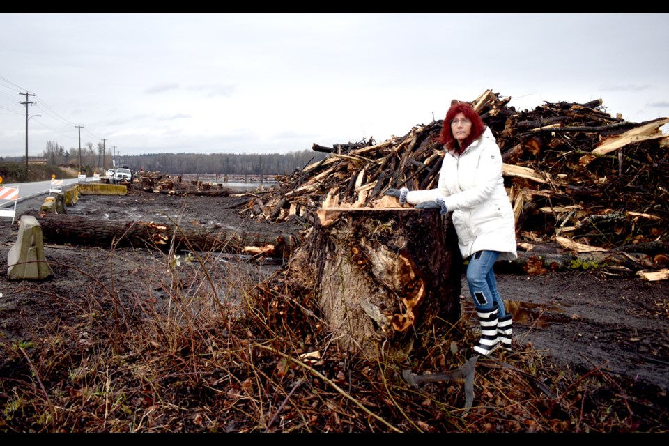 Arline Trividic was upset that trees along River Road in east Richmond were chopped down in anticipation of dike work.