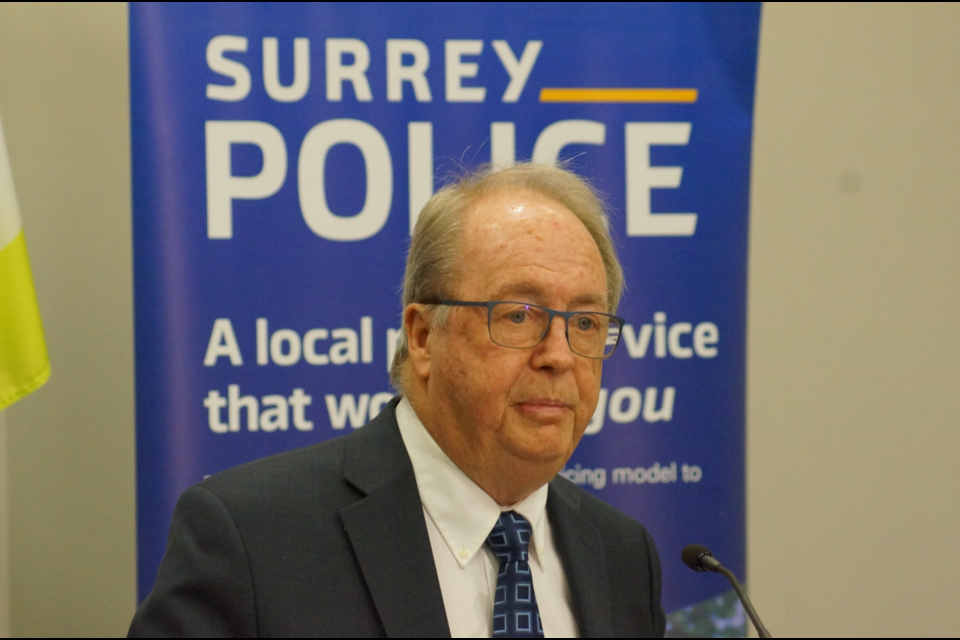 Surrey Mayor Doug McCallum spoke to media Thursday expressing gratitude for approval of a municipal police board on the part of Minister of Public Safety and Solicitor General Mike Farnworth.