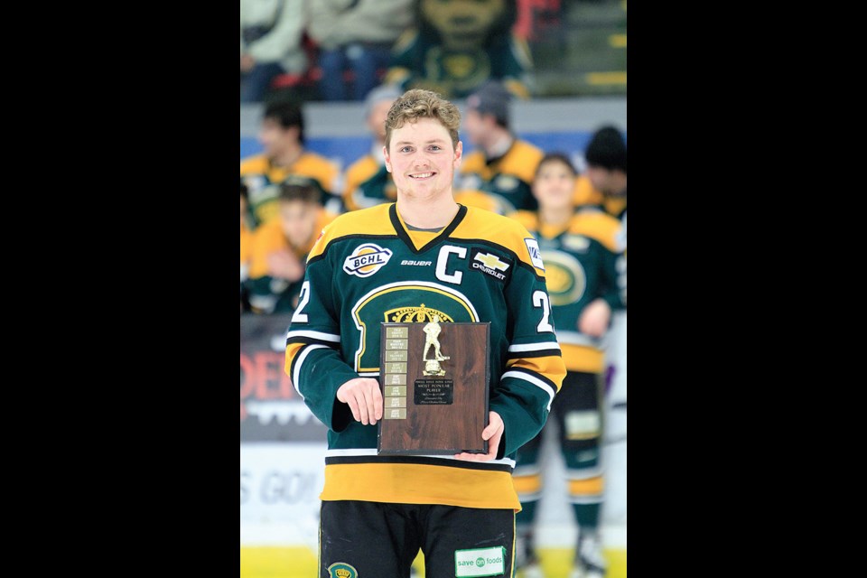 FAN FAVOURITE: Powell River Kings’ captain Jack Long was one of several players recognized for their efforts during the 2019/2020 BC Hockey League regular season at an awards ceremony held on-ice at Hap Parker Arena on Saturday, February 22. Long was named top defenceman and co-MVP, as well as being chosen as the player’s player by his teammates and fan favourite [above] by fans of the team. Alicia Baas photos