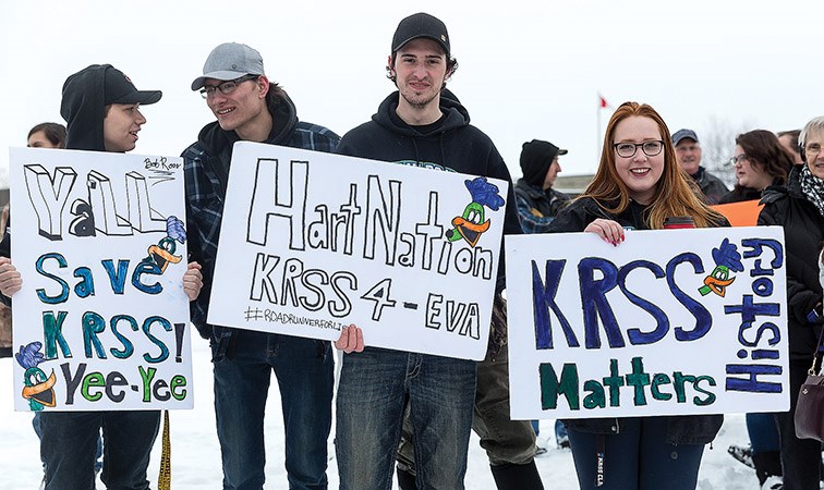 Citizen Photo by James Doyle. Protesters hold up signs on Saturday morning at the corner of Highway 16 West and Ferry Avenue during a rally in opposition of the proposed name change to Kelly Road Secondary School.