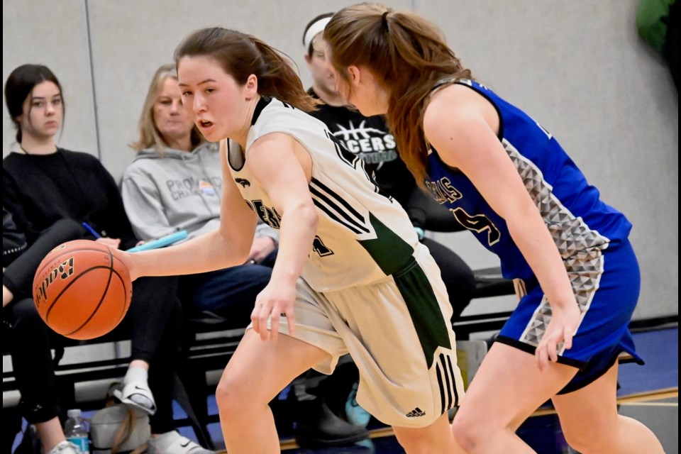 Delta Pacers Emma Webster drives to the basket during last Thursday's win over Ballenas at the BC 3A Championships at the Langley Events Centre. She is one of three Grade 11 starters that will be back next season.