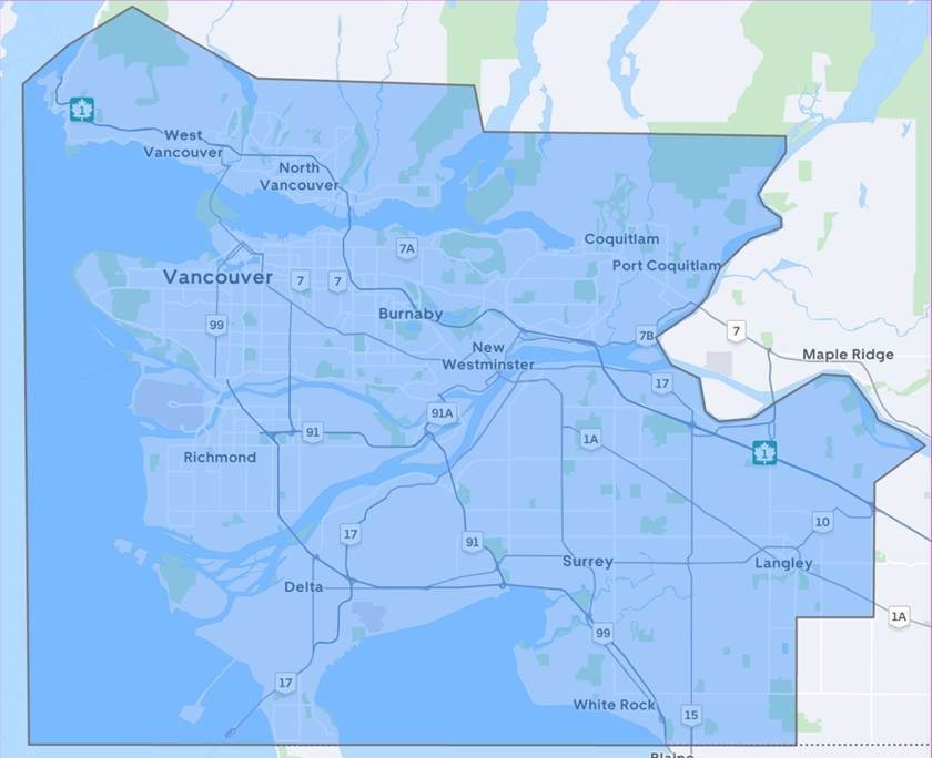 Uber's Metro Vancouver service area as of March 2. Map courtesy Uber