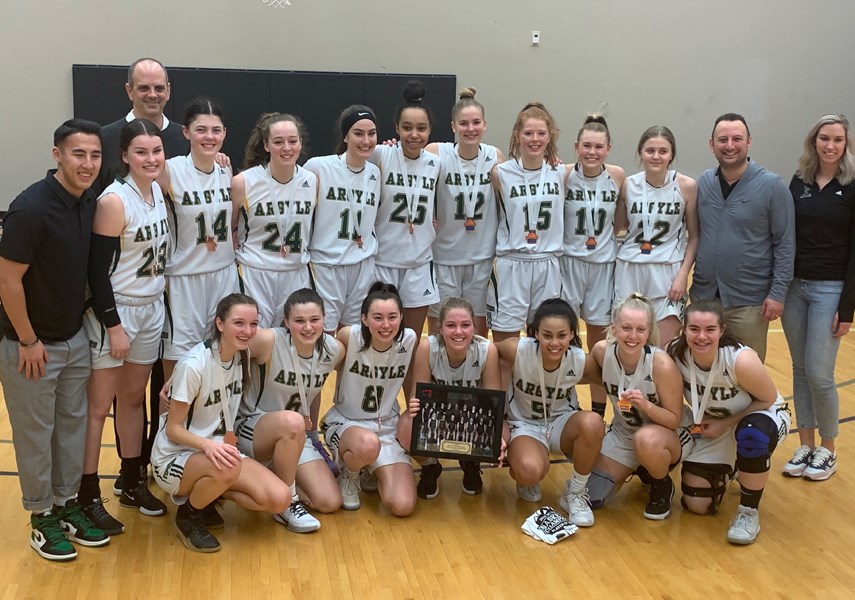 The Argyle Pipers are all smiles after winning bronze at the senior girls AAA provincial basketball championships. photo supplied Argyle