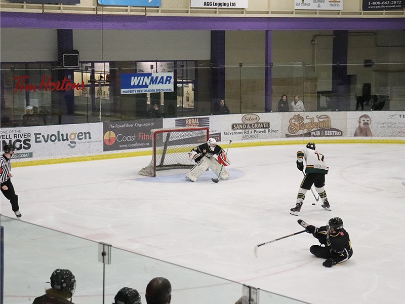 BREAKING AWAY: Powell River Midget Reps’ forward Callum Street approaches Tri-Port’s goalie in the third period of a Vancouver Island Amateur Hockey Association Midget Tier 3 playoff game at Hap Parker Arena on Saturday, February 29. Street scored Powell River’s sixth goal of the game on the play, en route to a 7-4 win for the home team. Shane Carlson photo