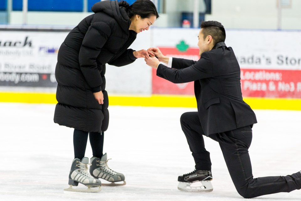 Richmond realtor Daniel John proposed to his girlfriend Megan Cheng during a community skate event on Family Day. Photo courtesy Love Tree Photography