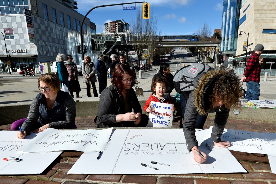 About 30 people gathered at Hyack Square on Saturday in a show of solidarity with Wet’suwet’en hereditary leaders.