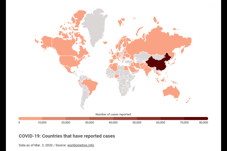 This map shows the latest picture of all the countries affected by the coronavirus (COVID-19), according to Worldometres.info. Map screenshot