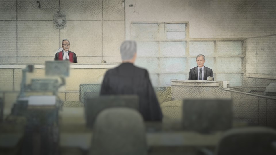 Dennis Oland takes the stand in this courtroom sketch. The Oland Murder airs March 4 at 9 p.m. on CB