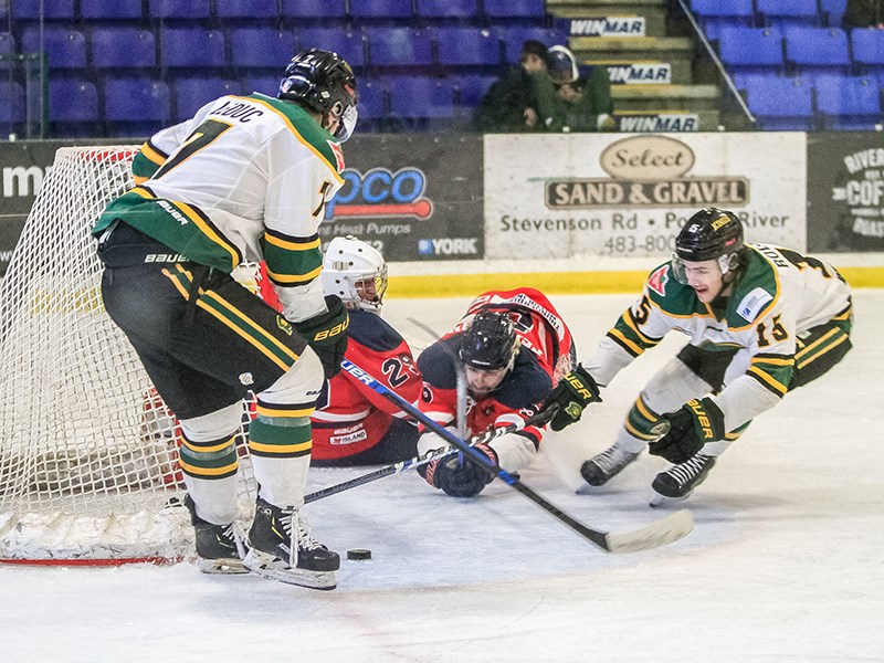 Powell River Kings’ forwards Devin Leduc [left] and Brett Roloson