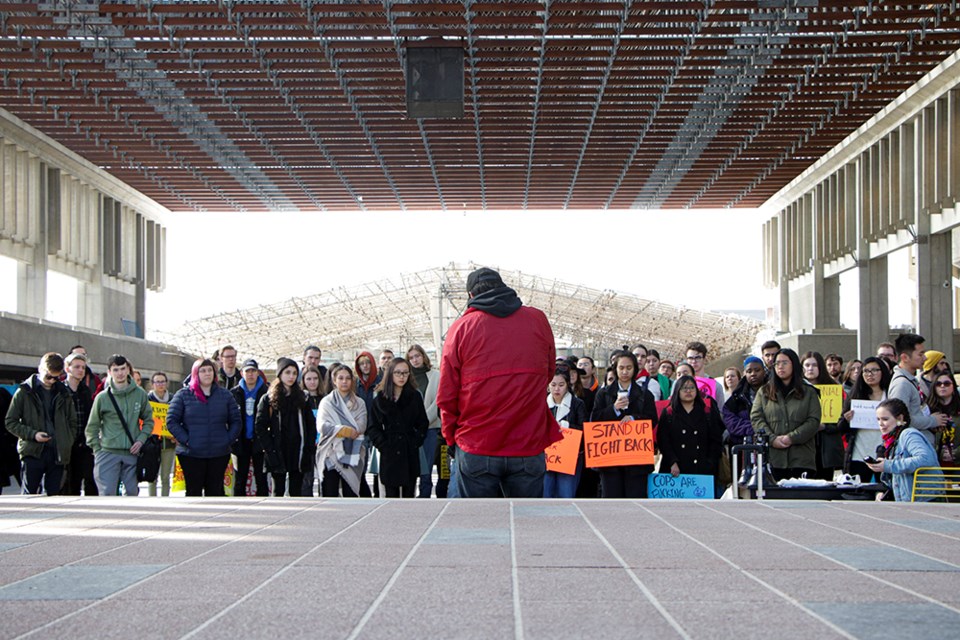 Dozens of SFU students hear from Terrence Bird, a Cree man who spoke at a demonstration in solidarity with the Wet'suwet'en people amid a crisis over the construction of the Coastal GasLink pipeline.
