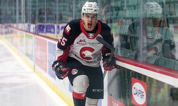 Prince George Cougars forward Mitch Kohner celebrates after scoring a goal against the Lethbridge Hurricanes on Wednesday night at CN Centre.