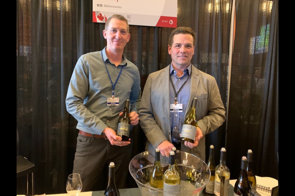 La Frenz winemaker, Dominic McCosker (left) and La Frenz agent, Quinn Diepold pouring at last week’s VanWineFest.