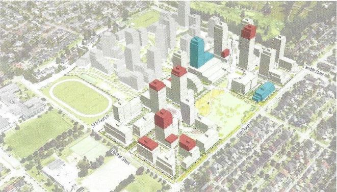 The preliminary proposal envisions converting two of the currently approved strata buildings (in blue) into rental buildings, with 25 per cent of the units geared to households earning between $30,000 and $80,000 a year. Onni then proposes increasing the height on other condo buildings on the property to offset the creation of the rental units. (Proposed increases shown in red.)