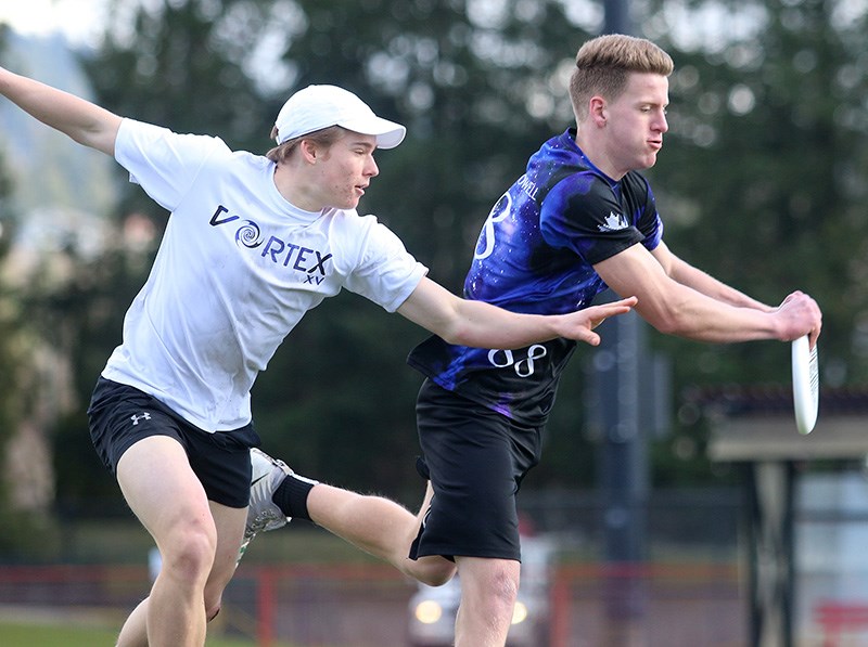 Ricky McLeod, of Port Coquitlam, and Devon Bringeland, of Coquitlam, loosen up. They're members of Canada's national U20 Ultimate team.