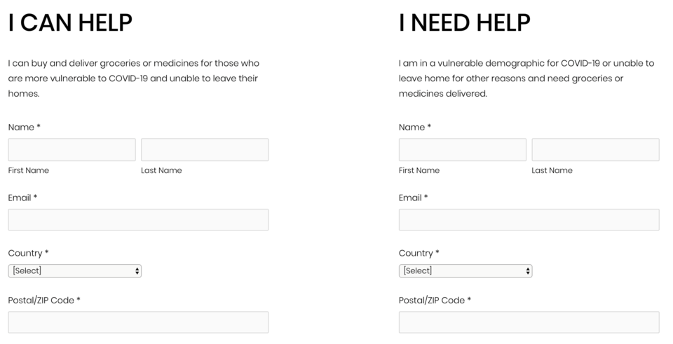 The website uses a simple form to match people looking to receive and give help during the COVID-19