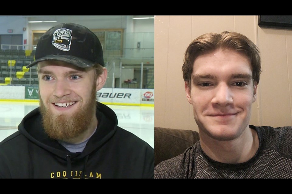 Coquitlam Express centre Ethan O'Rourke of Prince George is shown with his beard and after his teammates shaved it off at an end-of-season party Sunday in Coquitlam. The top-ranked Express, who won the BCHL regular season, had their season come to an end Saturday when the league canceled the rest of the playoffs due to COVID-19.