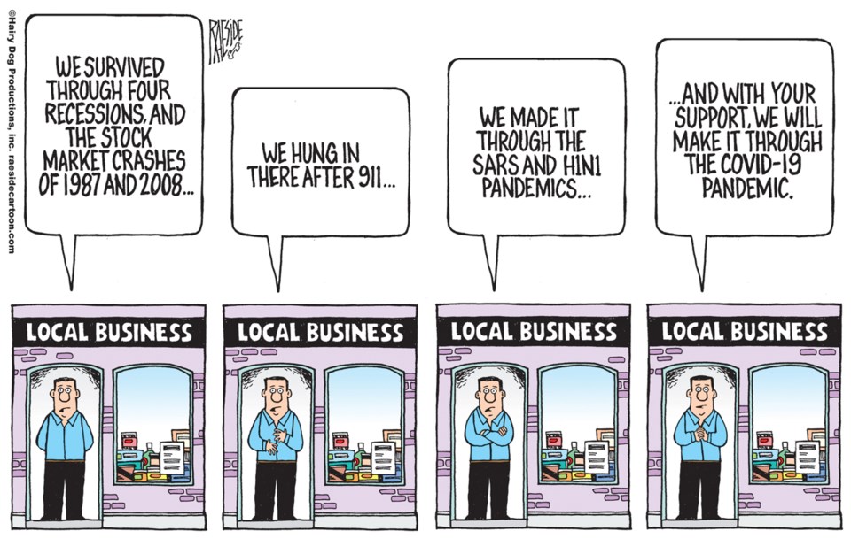 Adrian Raeside cartoon, March 18, 2020 - virus and impact on local business