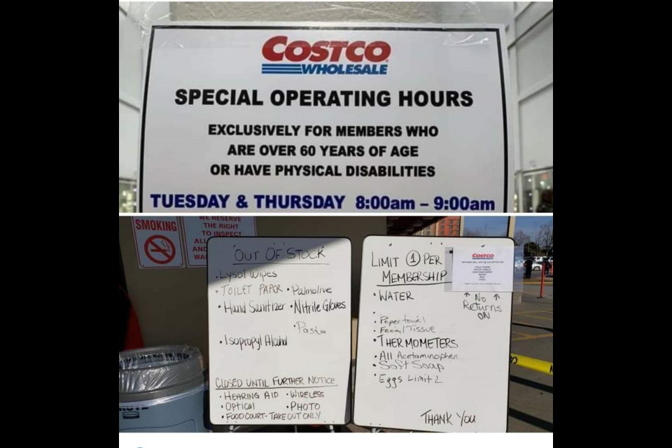 A photo was posted on social media showing one sign listing out-of-stock items and the other a limit of items a shopper could purchase at Costco.Photo submitted.