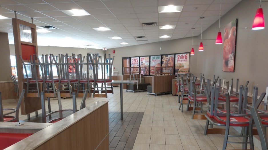 The inside of a Burger King location in New Westminster. The restaurant is open for take-out but din