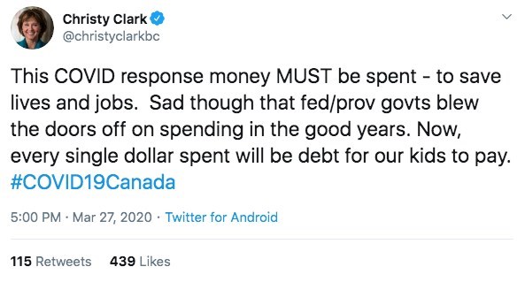Bowinn Ma responding to a now-deleted Christy Clark tweet, which was then responded to by Mary Polak