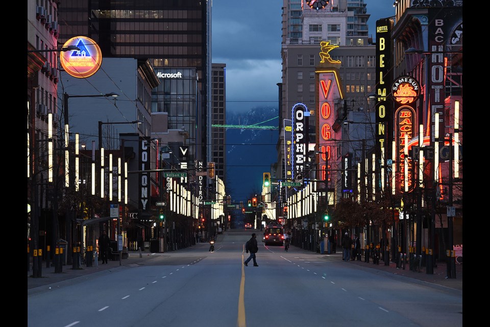 A near empty Granville Strip at night. Photo Dan Toulgoet