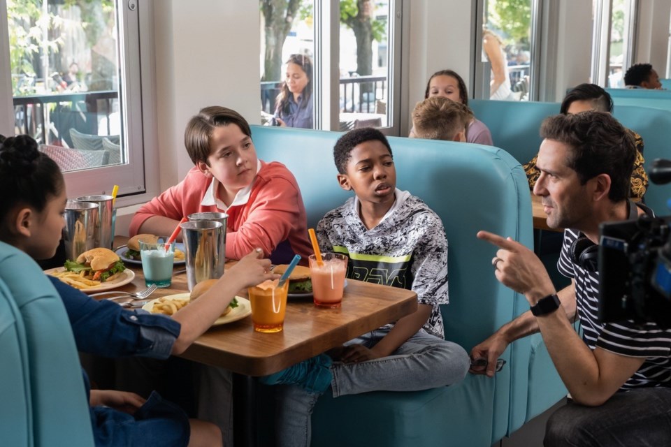 Glen Gordon with co-stars Seth Carr (LA - “Black Panther”, Momona Tamada (Abbotsford - “To All the Boys”, “Baby-sitters Club”), and director Jay Karas (LA - “Brooklyn Nine Nine”, “Parks and Recreation”), getting final instructions before the fight scene.