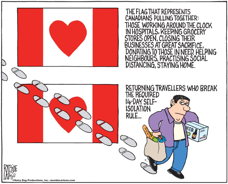 Raeside cartoon April 9, 2020 travellers who disobey