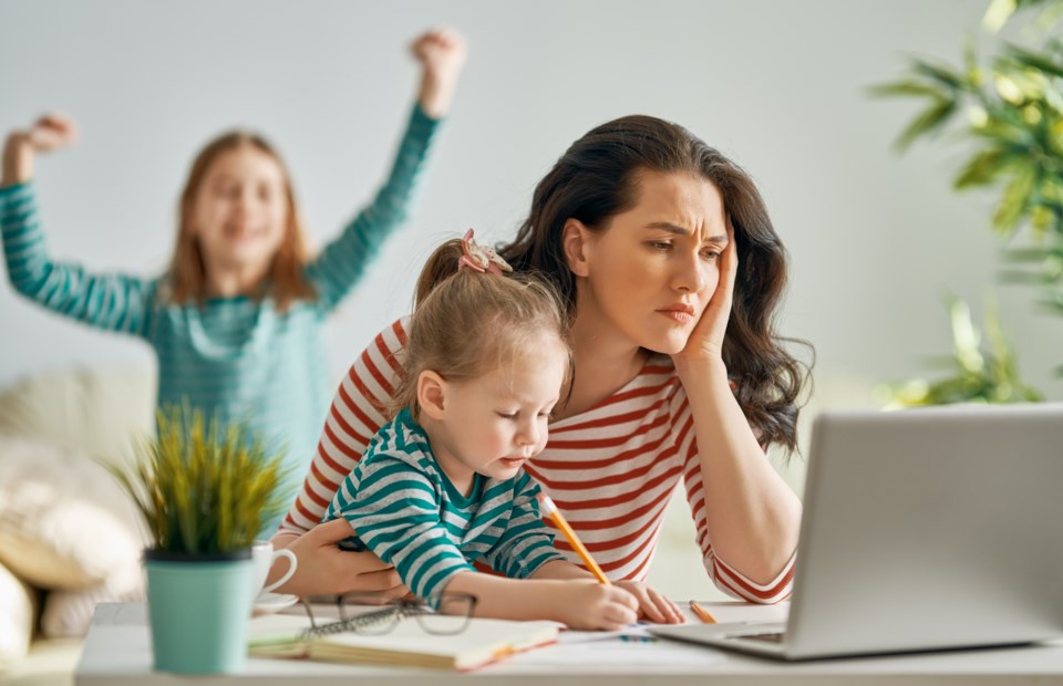 stressed mom, work from home, stock photo