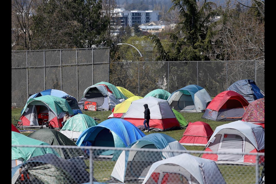 Tents at Topaz Park in Victoria, where many people who don't have homes are staying during the pandemic.