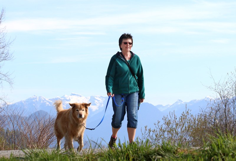 Karen Kuhn walks her dog, Rusty, along the PoCo Traboulay Trail