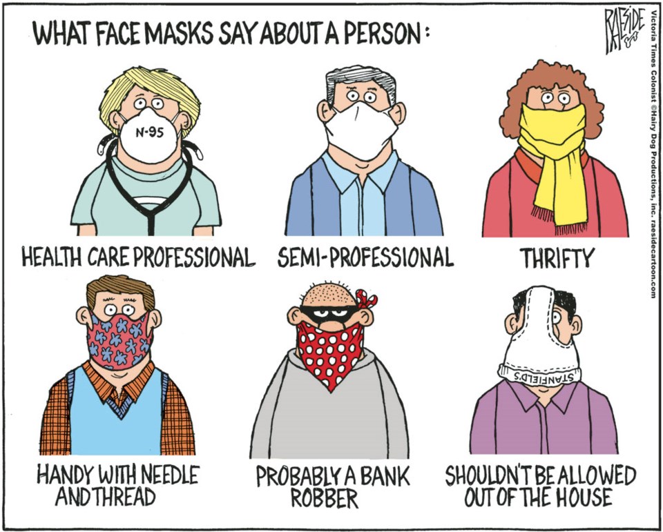 Adrian Raeside cartoon, April 17, 2020 - what face masks say about a person