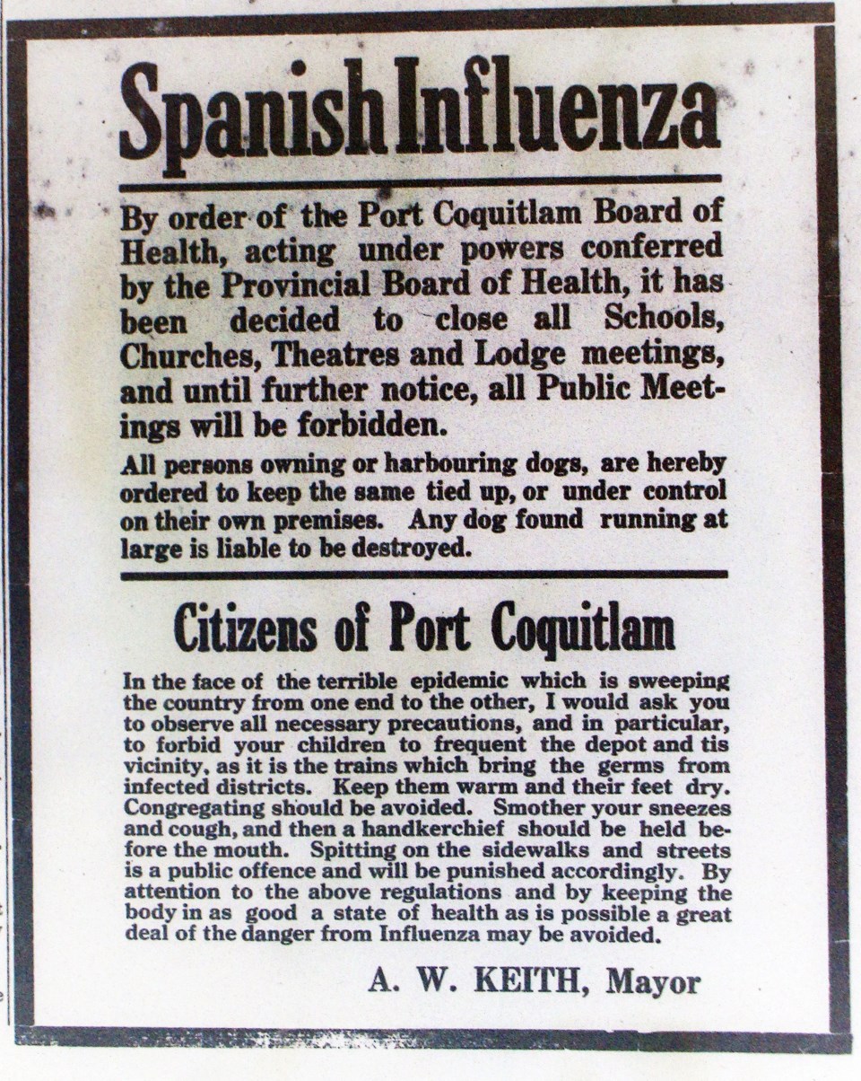 A public health notice in the Oct. 12, 1918, edition of the Coquitlam Times