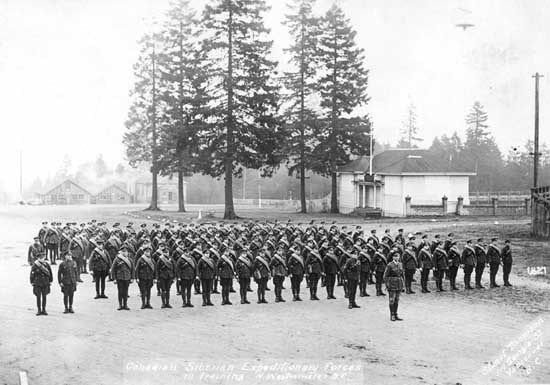 The Canadian Siberian Expeditionary Forces in training in Queen's Park, New Westminster. While hundr