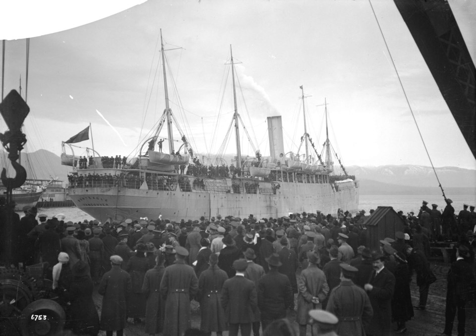 The Monteagle leaving Vancouver with Siberian Expeditionary Forces, Nov. 17, 1918. By the time soldi