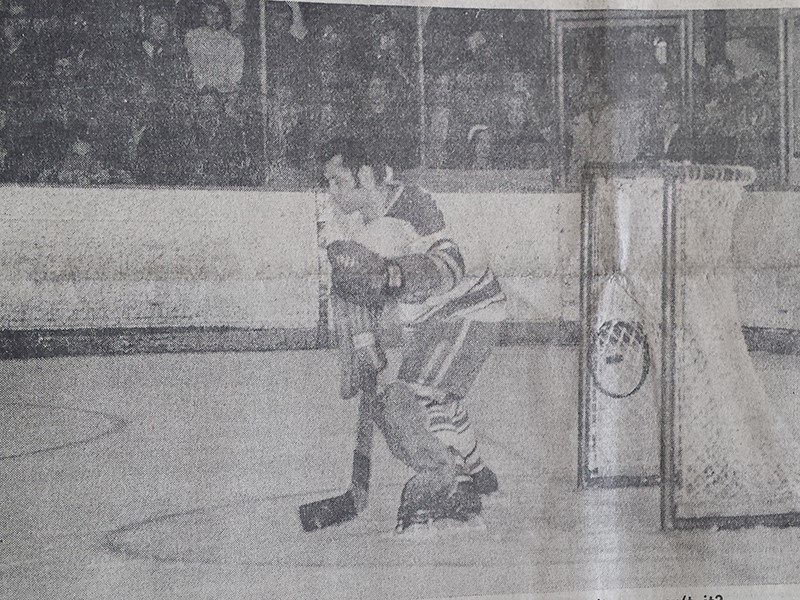 WAS IT OR WASN’T IT?: This shot taken by a Powell River News cameraman covering Friday’s game shows the puck dropping after it hit the top of the rigging underneath the crossbar. The goal judge awarded the goal to Regals’ Barry Lang but the referee chose to do otherwise after consulting with his linesmen. Some seconds later Regals’ skipper Rob Carmen added the icing to the 6-4 win for some poetic justice. Powell River News photo, April 1970.