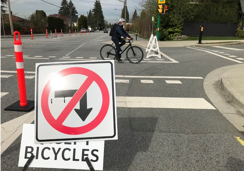 A cyclist heads onto a section of Grand Boulevard West in the City of North Vancouver that has been reserved for cycling during the COVID-19 era. photo Andy Prest, North Shore News