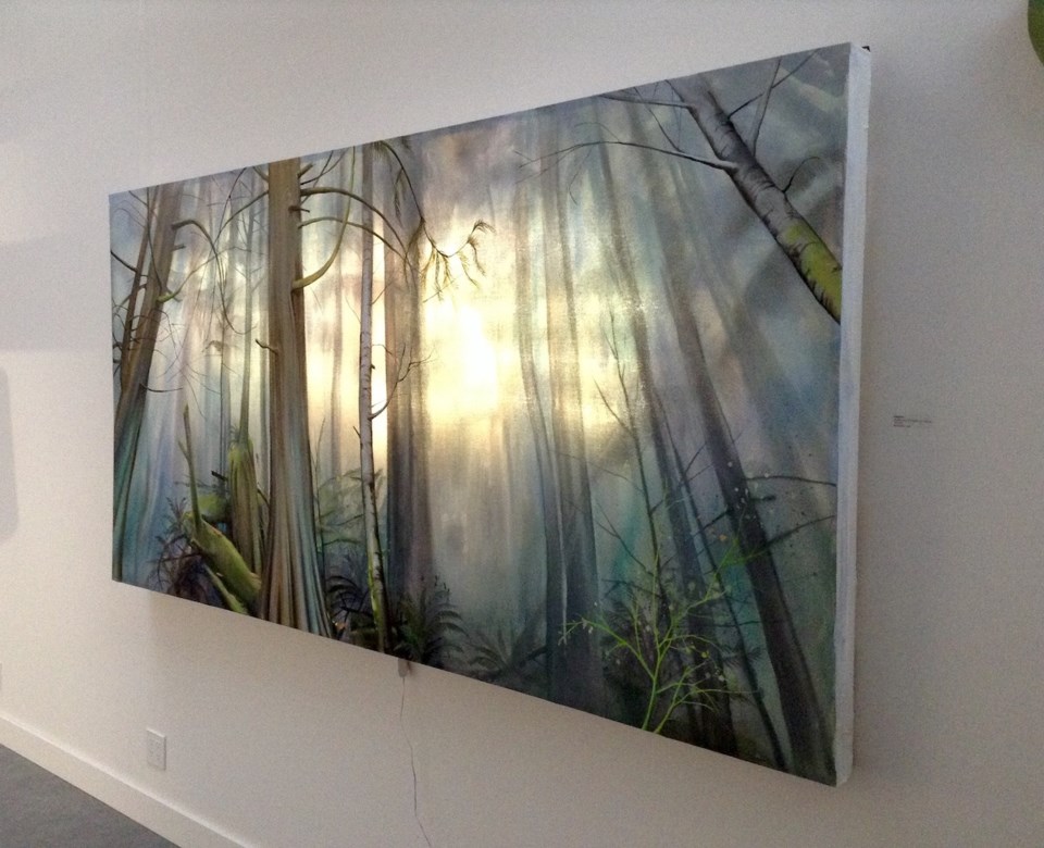 A painting of trees with light shining through