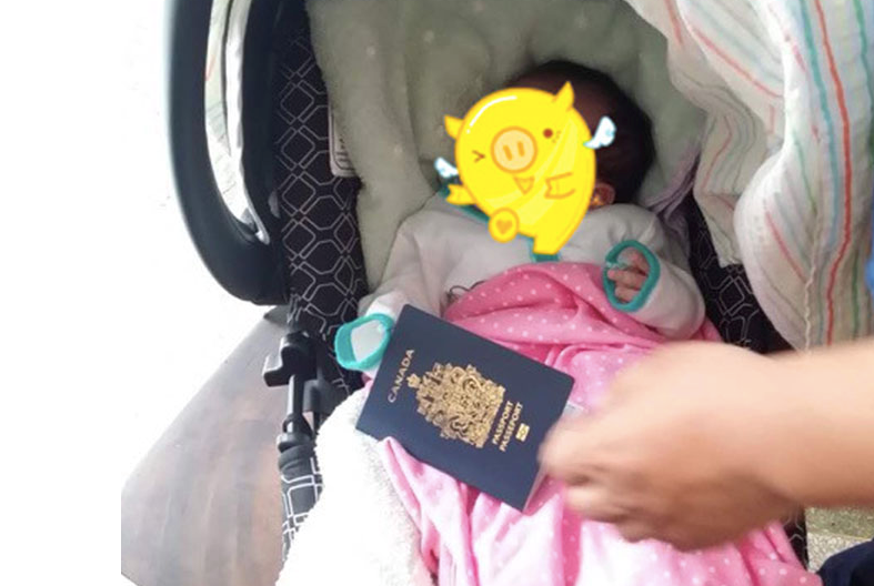 A photo posted to the Mei Ya Jia Bao website shows a baby with a Canadian passport. Mei Ya Jia Bao screenshot