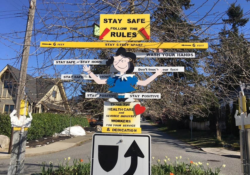 The latest traffic circle creation from North Vancouver's Dave Rawson carries important messages about COVID-19. photo Connie McGill