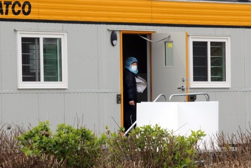 An Atco trailer set outside the Lilydale chicken processing plant in Port Coquitlam during lunch bre