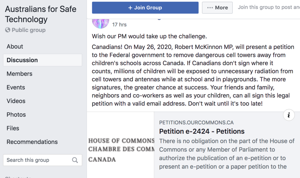 The Australians for Safe Technology Facebook group is one of several places where petition e-2424 ha