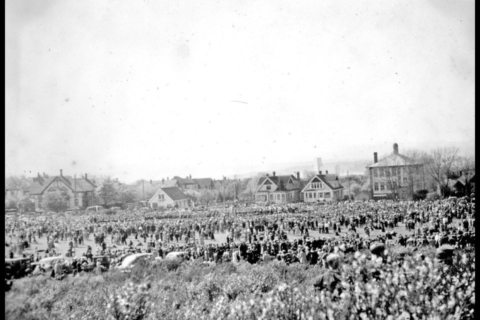 Victorians packed Beacon Hill Park as word spread that Germany had surrendered and the war in Europe was over.
Credit: Photo courtesy of the Royal BC Museum. Item I-20522 - VE Day, Beacon Hill Park, Victoria