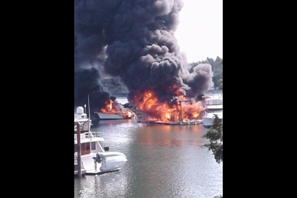 A fire caused extensive damage at a gas dock at North Saanich Marina in Sidney on Sunday, May 10, 2020.