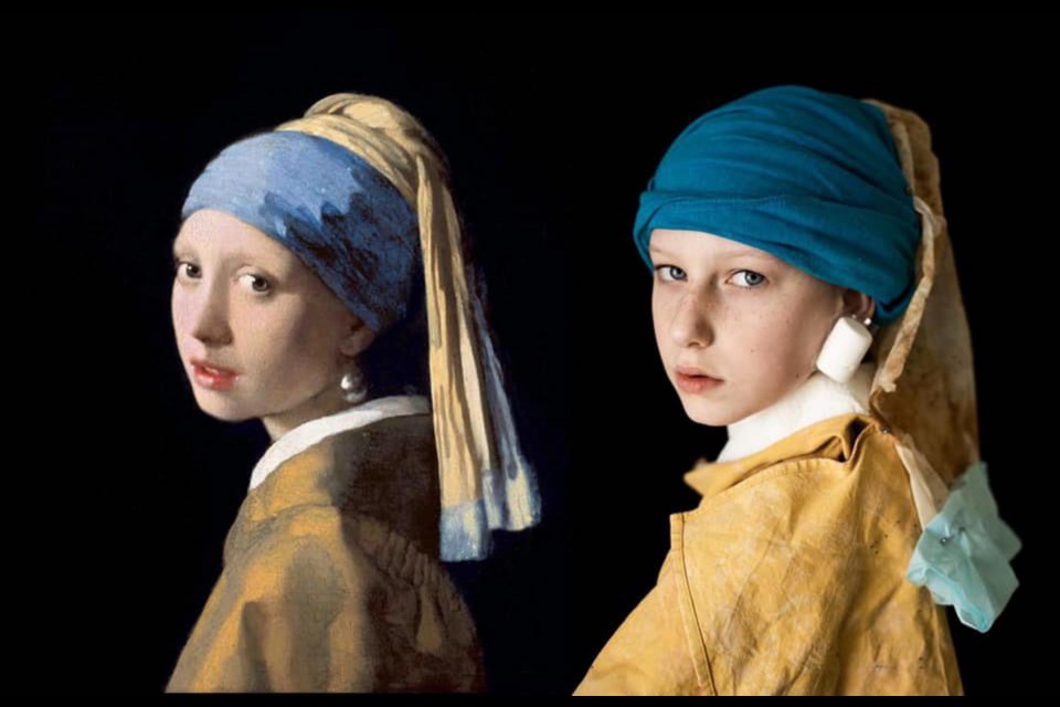 Parchment paper becomes a scarf, napkins serve as the cloak and a marshmallow is as an earring for Dylan Roddam in a recreation of Johannes Vermeer's Girl with a Pearl Earring.