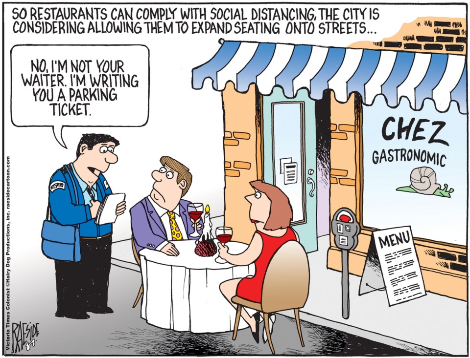 Adrian Raeside cartoon, May 14, 2020, curbside dining