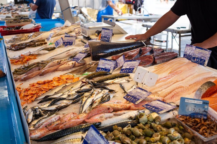 Fish being sold at a farmers' market in France.