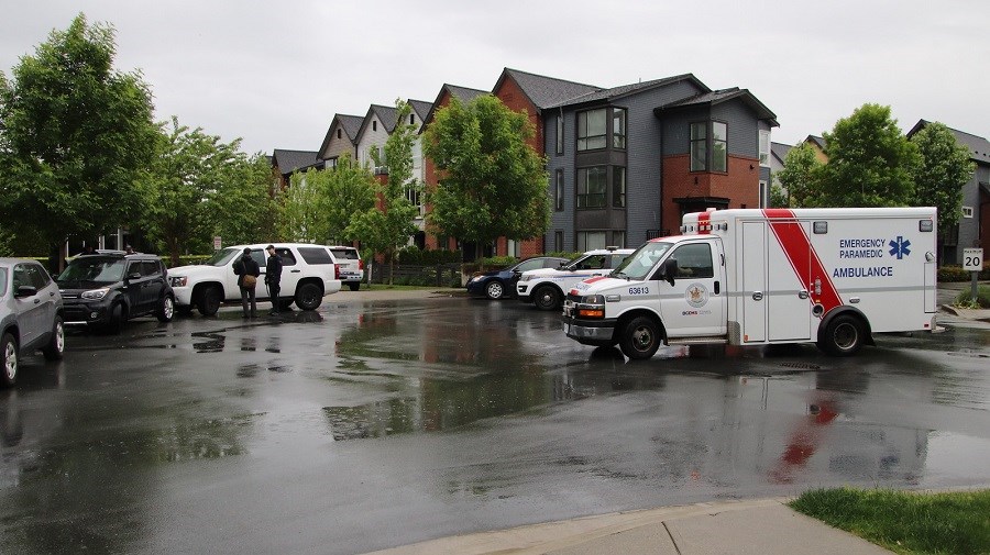 An ambulance is on the scene at 2300 block of Ranger Lane in Port Coquitlam Saturday after reports that a baby had been abandoned. Coquitlam RCMP believe they have identified the baby's mother.
