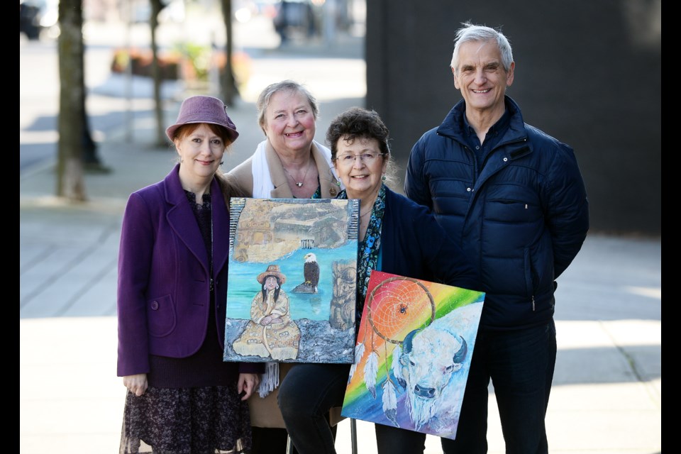 Janet Kvammen, Julia Schoennagel, Lavana La Brey and Mike Geekie posed for this photo outside the New West Artists Gallery on 12th when it opened in 2018. Kvammen and La Brey are among the 10 artists to receive grants from the Arts Council of New Westminster's Seniors Expressions Through the Arts program.